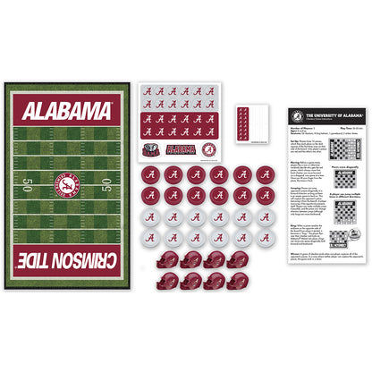 Brand-new Alabama Crimson Tide NCAA Checkers Board Game. Ages 6+. 2 players. Officially licensed by MasterPieces. Roll Tide with football-helmet kings!