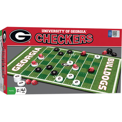 Georgia Bulldogs NCAA checkers game with team pieces, helmet kings, and game board by MasterPieces.