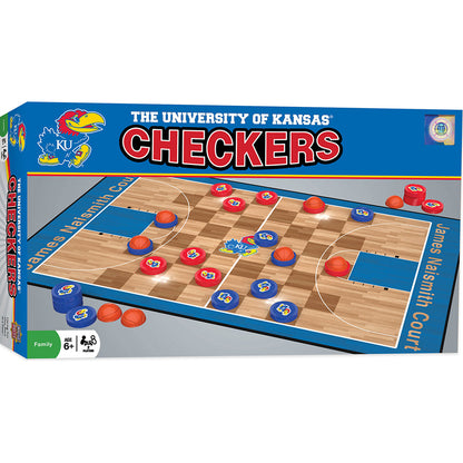 Kansas Jayhawks NCAA checkers board game with basketball king pieces and team board by MasterPieces.