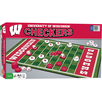Wisconsin Badgers NCAA Checkers game with helmet kings, team checkers, and Badgers-themed board for fans.