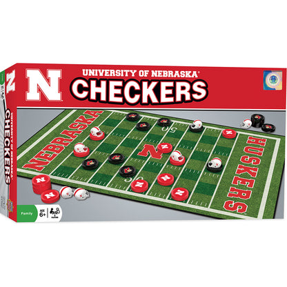 Nebraska Cornhuskers NCAA Checkers game with helmet kings, team checkers, and Cornhuskers-themed board.