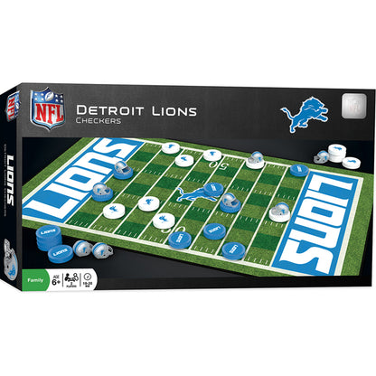 Detroit Lions checkers game with team pieces, helmet king pieces, Lions board, stickers, and instructions.