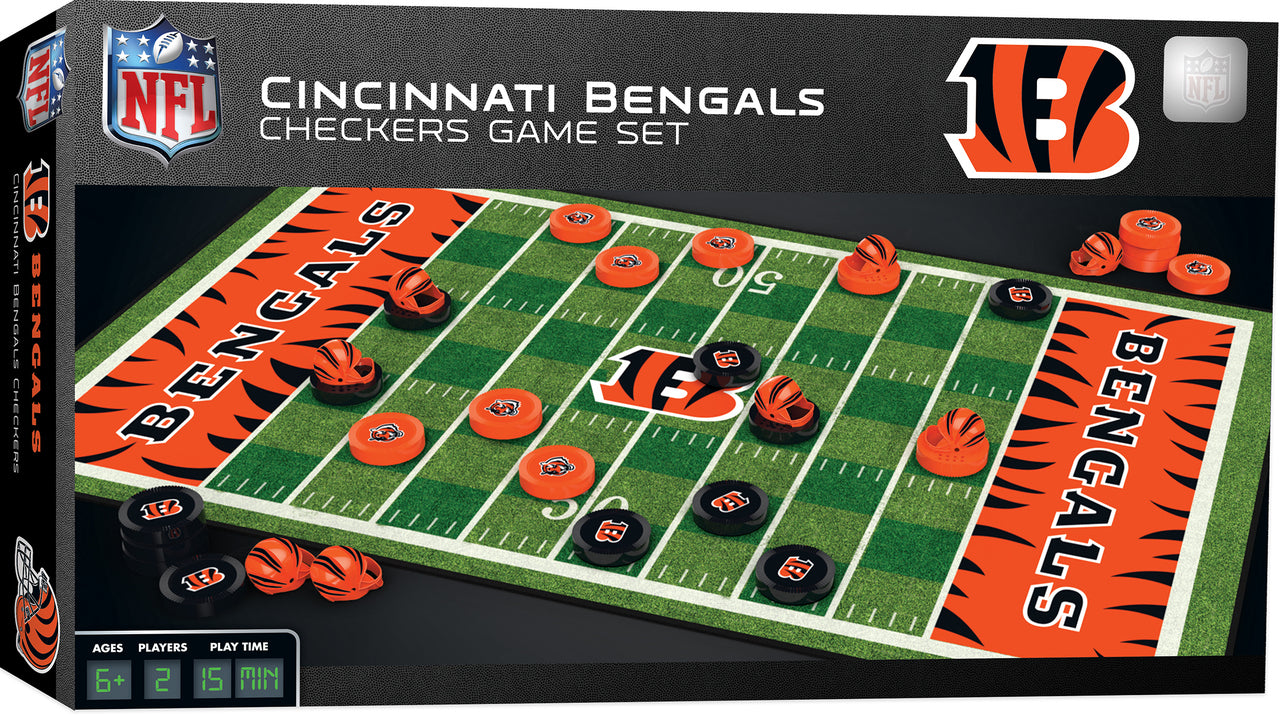Cincinnati Bengals checkers game with helmet kings, team field board, stickers, and 24 checker pieces.