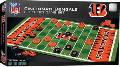 Cincinnati Bengals checkers game with helmet kings, team field board, stickers, and 24 checker pieces.