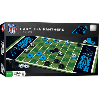 Carolina Panthers NFL Checkers game with team checkers, helmet kings, and Panthers themed board.