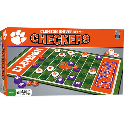 Clemson Tigers checkers game with helmet king pieces, NCAA board, 24 checkers, stickers, and instructions.
