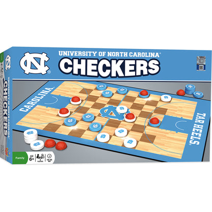 North Carolina Tar Heels checkers game with team pieces, basketball king markers, and home-court board. Great fan gift.