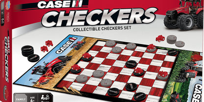 Case IH farm-themed checkers game with tractor kings, gray/black pieces, board, stickers, and instructions.