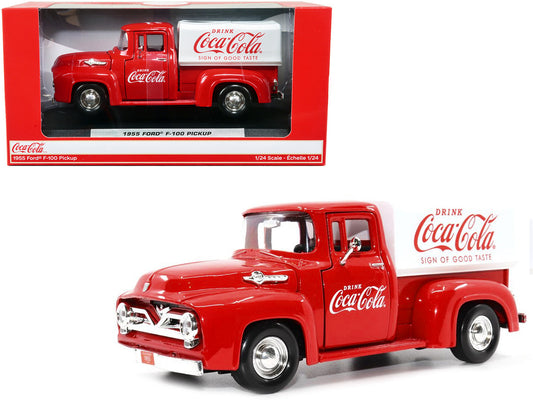 1/24 scale 1955 Ford F-100 Pickup Truck with 'Drink Coca-Cola' canopy by Motorcity Classics. Detailed diecast model with opening parts.