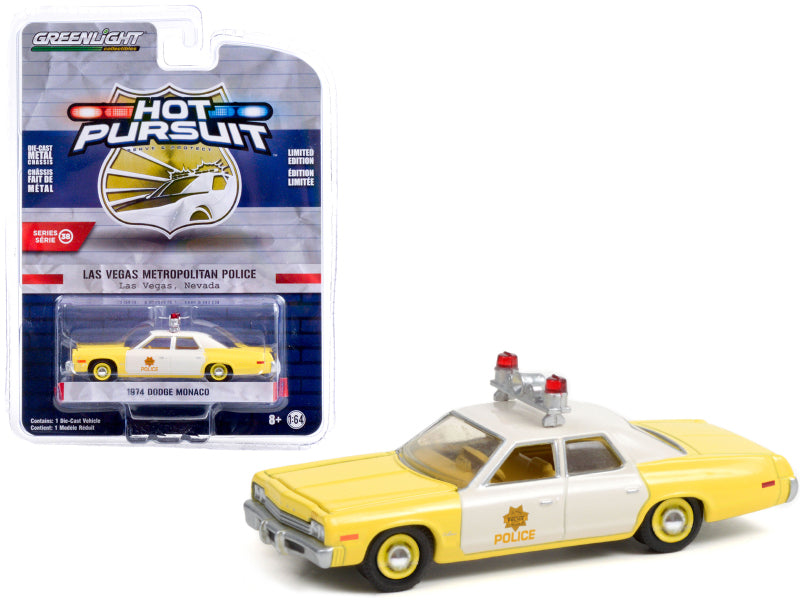 1974 Dodge Monaco Yellow and White "Las Vegas Metropolitan Police Department" (Nevada) "Hot Pursuit" Series 38 1/64 Diecast Model Car by Greenlight