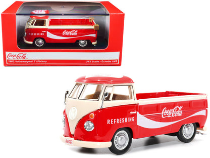 1962 Volkswagen T1 Pickup Truck diecast model in red and white with Coca-Cola branding, 1/43 scale, detailed interior, no openings.