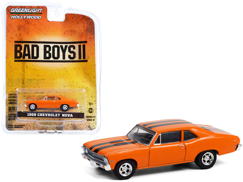 1968 Chevrolet Nova Orange with Black Stripes "Bad Boys II" (2003) Movie "Hollywood Series" Release 31 1/64 Diecast Model Car by Greenlight