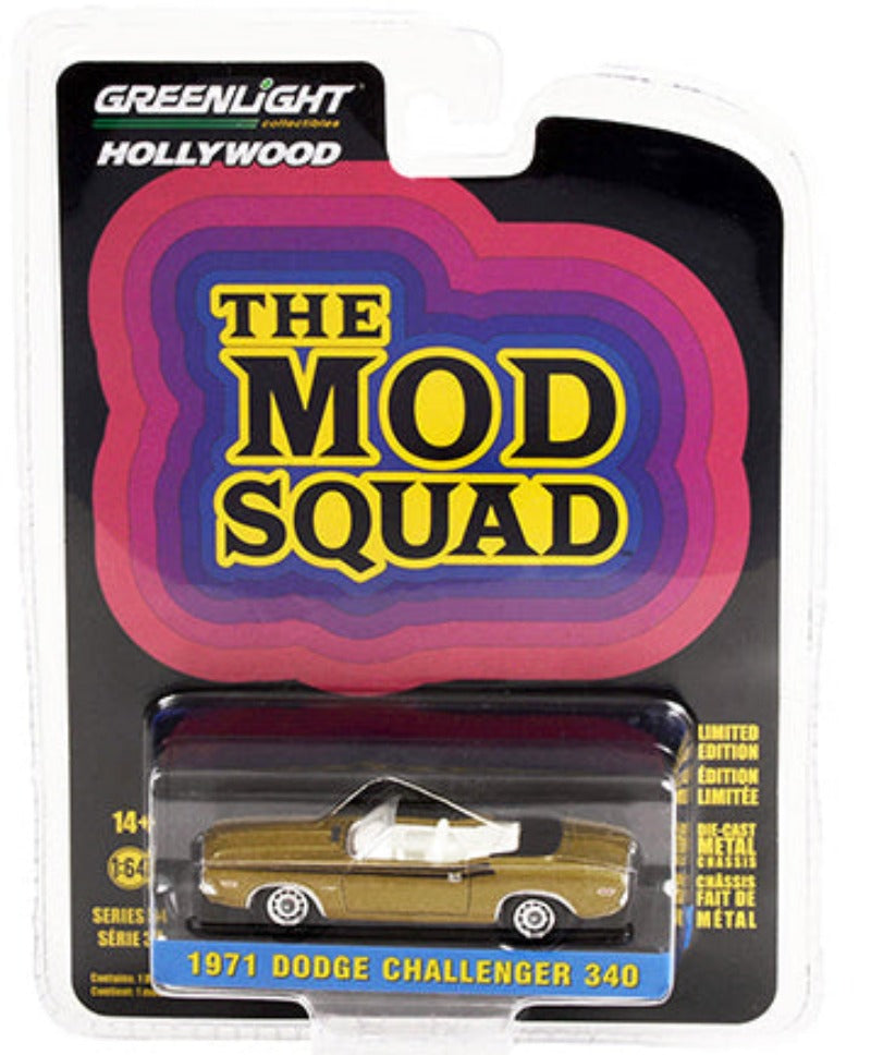 1971 Dodge Challenger 340 Convertible Gold Metallic with Black Stripes "The Mod Squad"  "Hollywood Series" Release 34 1/64 Diecast Model Car