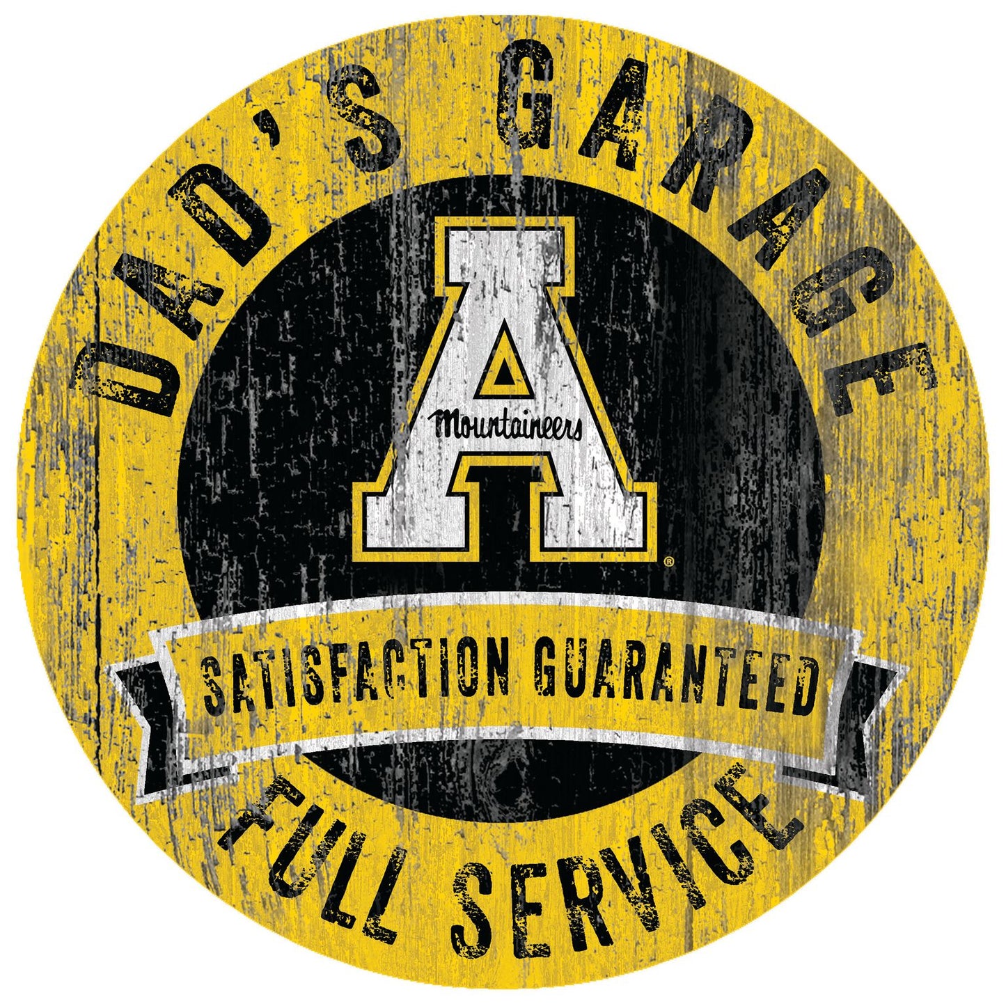 "Appalachian State Mountaineers Dad's Garage Sign by Fan Creations: Distressed wood sign with team logo, ideal for decorating dad's garage."