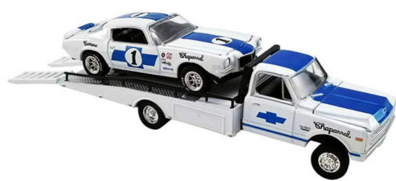 1967 Chevrolet C-30 Ramp Truck w/ 1970 Chevrolet Trans Am Camaro #1 White w/ Blue Stripes "Chaparral" 1/64 Diecast Cars by Greenlight for ACME