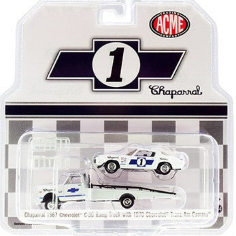 1967 Chevrolet C-30 Ramp Truck w/ 1970 Chevrolet Trans Am Camaro #1 White w/ Blue Stripes "Chaparral" 1/64 Diecast Cars by Greenlight for ACME