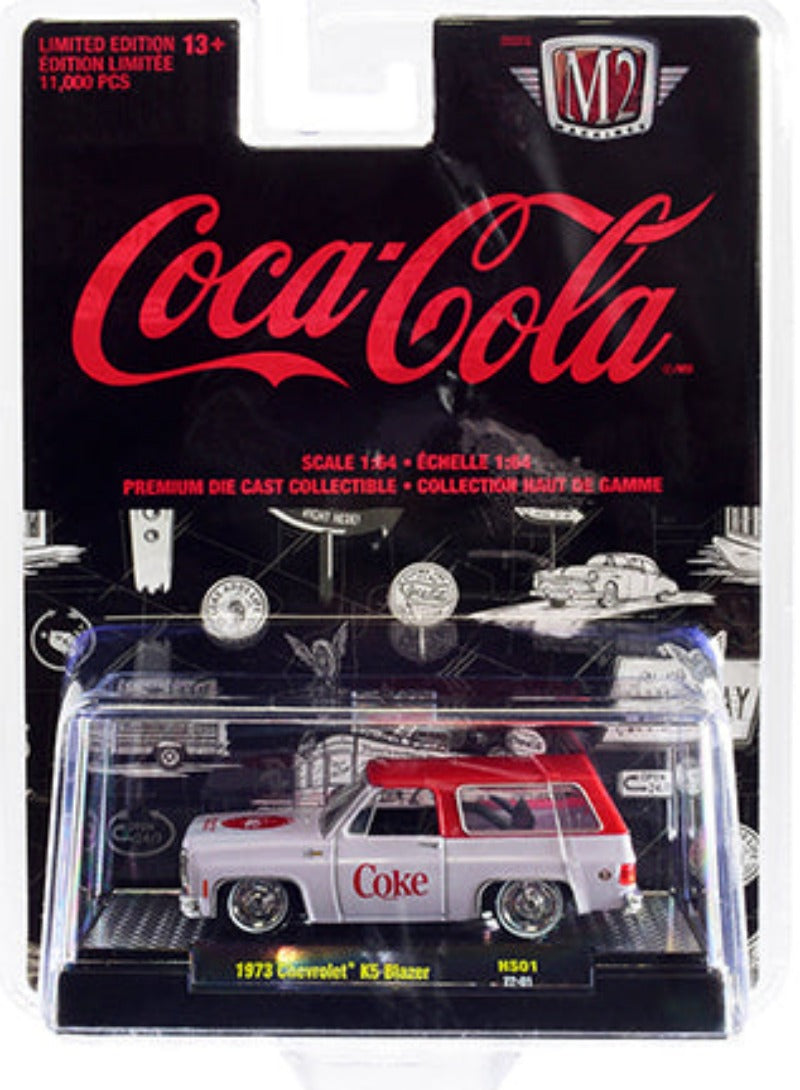 1973 Chevrolet K5 Blazer with Lowered Chassis "Coke" White w/ Coke Red Top Limited Edition to 11000 pcs. 1/64 Diecast Car by M2 Machines