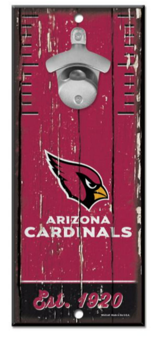 Arizona Cardinals NFL Bottle Opener Wood Sign - 5x11, 3/8" hardboard, team graphics, metal opener. Officially licensed, USA-made by Wincraft.