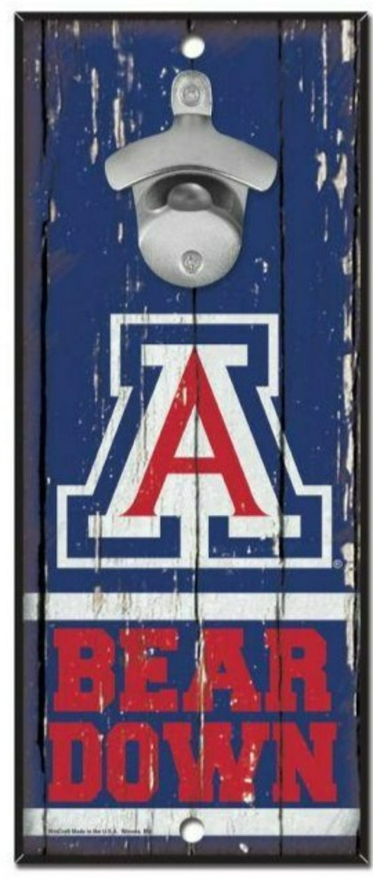 Arizona Wildcats NCAA Bottle Opener Wood Sign - 5x11, 3/8" hardboard, team graphics, metal opener. Officially licensed, USA-made by Wincraft.
