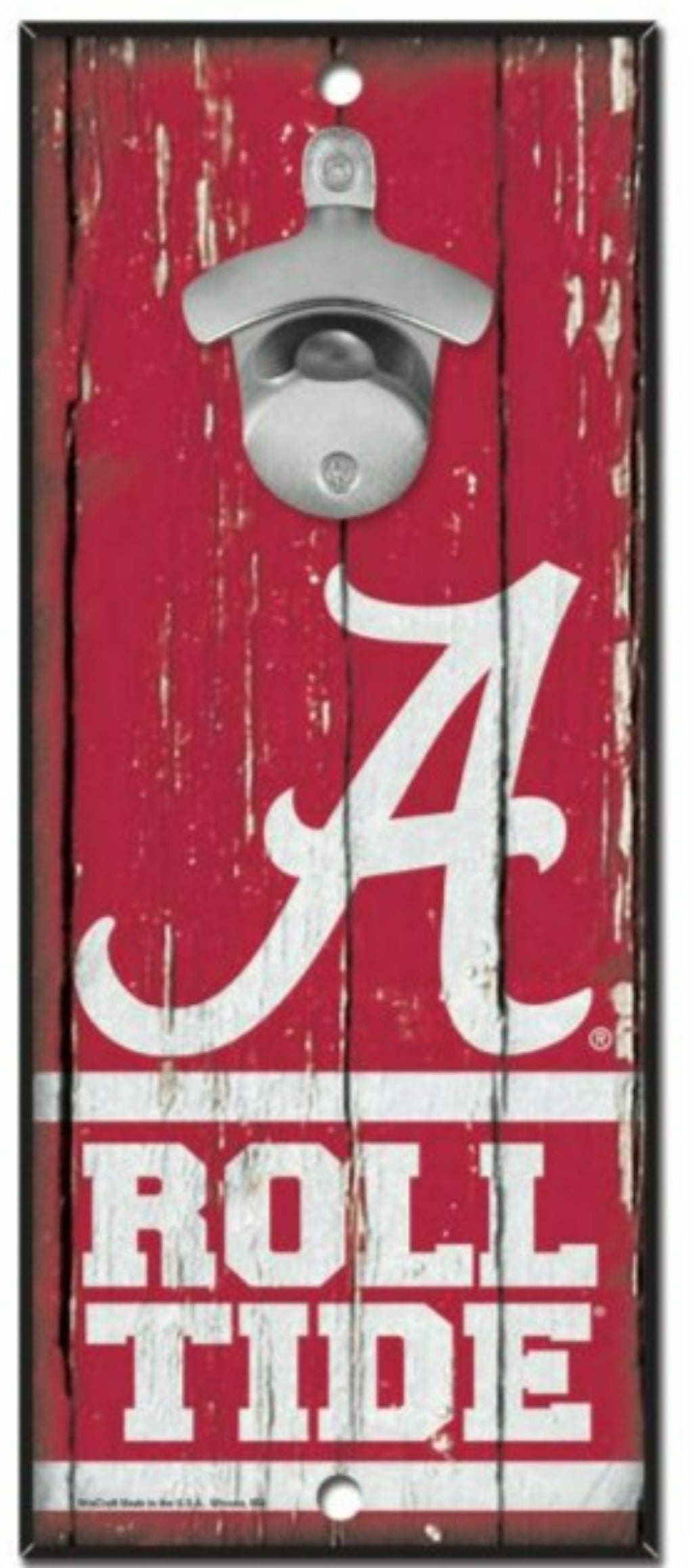 Alabama Crimson Tide NCAA Bottle Opener Wood Sign - 5" x 11" of team pride! Durable hardboard with graphics and a metal opener. Made in the USA by Wincraft.