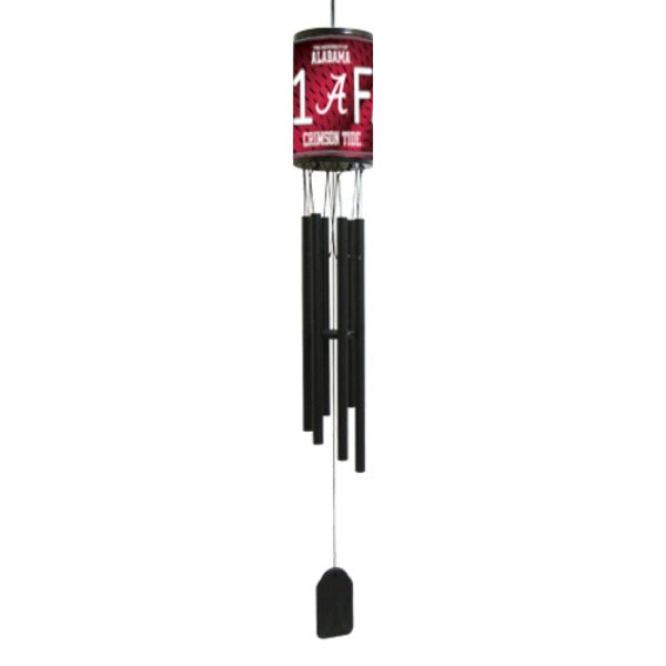 Alabama Crimson Tide wind chime measures 33" long with team colors and graphics and 6 black aluminum flutes for sound