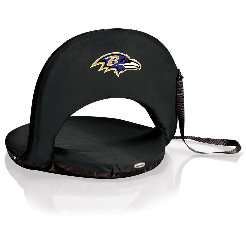 Baltimore Ravens portable reclining seat, black, lightweight with steel frame, 6 seating positions, and shoulder strap.