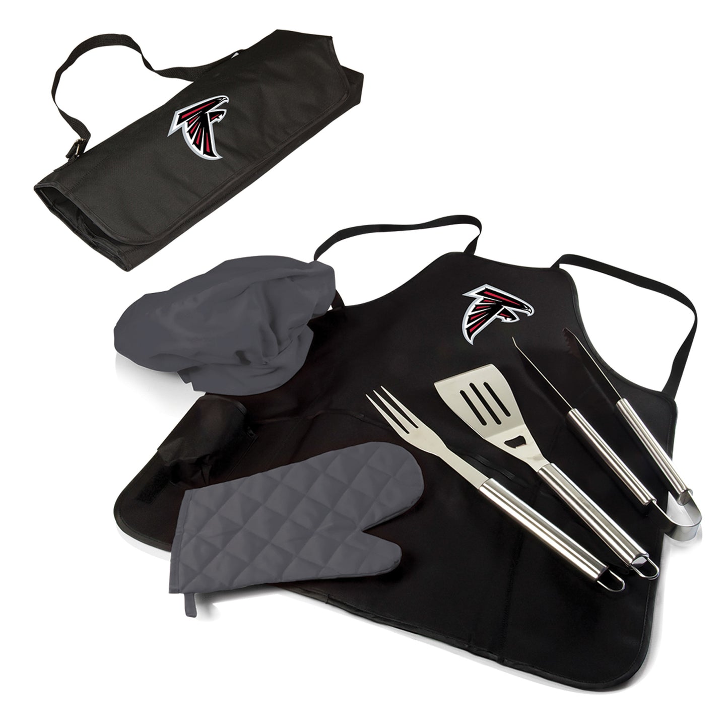Atlanta Falcons NFL BBQ Apron Tote Pro Grill Set - Durable 600D polyester construction. Converts to a full-sized apron with adjustable straps. Includes stainless steel BBQ spatula, fork, tongs, chef's hat, oven mitt, and instructions. Officially licensed 