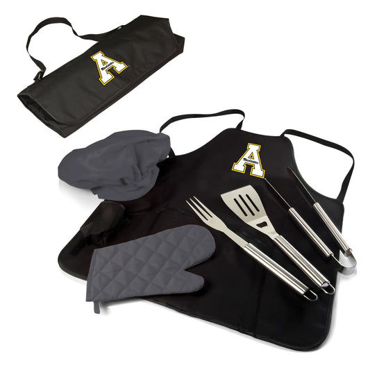 Appalachian State Mountaineers BBQ Apron Tote Pro Grill Set. Durable 600D polyester, convertible apron, deluxe BBQ tools included.
