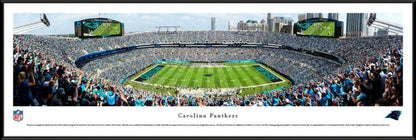 Carolina Panthers end zone panoramic photo at Bank of America Stadium, available in Standard, Select, or Deluxe frames