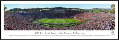 Panoramic of the 2019 Rose Bowl Game kickoff featuring Ohio State vs. Washington with players on the field and fans in the stands.