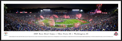 Panoramic of the 2019 Rose Bowl Game victory celebration featuring Ohio State Buckeyes with jubilant fans and players.