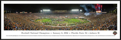 Panoramic of the 2014 BCS Championship Game featuring Florida State Seminoles on the field with cheering fans in the stands.