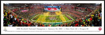 Panoramic of the 2015 CFP Championship Game featuring Ohio State Buckeyes on the field with cheering fans in the stands.