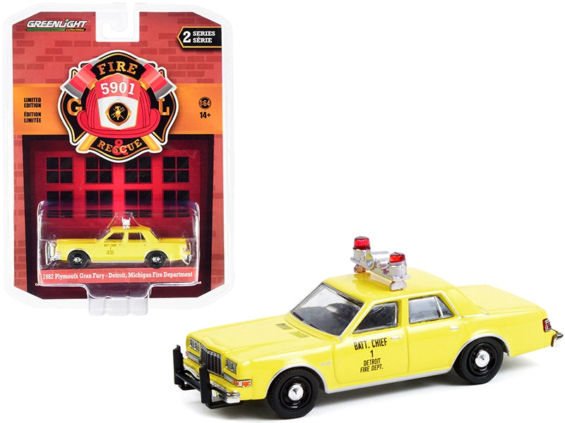 1982 Plymouth Gran Fury Yellow "Detroit Fire Department Battalion Chief #1" (Michigan) "Fire & Rescue" Series 2 1/64 Diecast Model Car by Greenlight