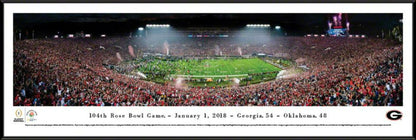 Panoramic of the 2018 Rose Bowl featuring Georgia Bulldogs on the field with excited fans filling the stadium.