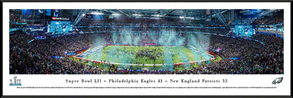 Panoramic view of the Philadelphia Eagles' first Super Bowl victory at U.S. Bank Stadium, defeating the New England Patriots in Super Bowl LII.