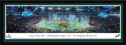 Panoramic view of the Philadelphia Eagles' first Super Bowl victory at U.S. Bank Stadium, defeating the New England Patriots in Super Bowl LII.