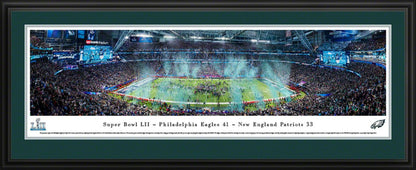 Panoramic view of the Philadelphia Eagles' first Super Bowl victory at U.S. Bank Stadium, defeating the New England Patriots in Super Bowl LII.