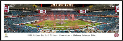 Panoramic of the 2021 College Football Playoff National Championship Game featuring Alabama Crimson Tide with players on the field and fans in the stands.