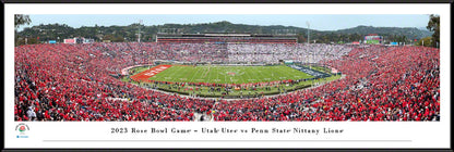 Panoramic of the 2023 Rose Bowl Game kickoff featuring Penn State Nittany Lions vs. Utah Utes with players on the field and fans in the stands.