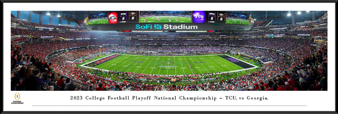 Panoramic of the 2023 College Football Playoff National Championship kickoff featuring TCU vs. Georgia with players and fans in action.