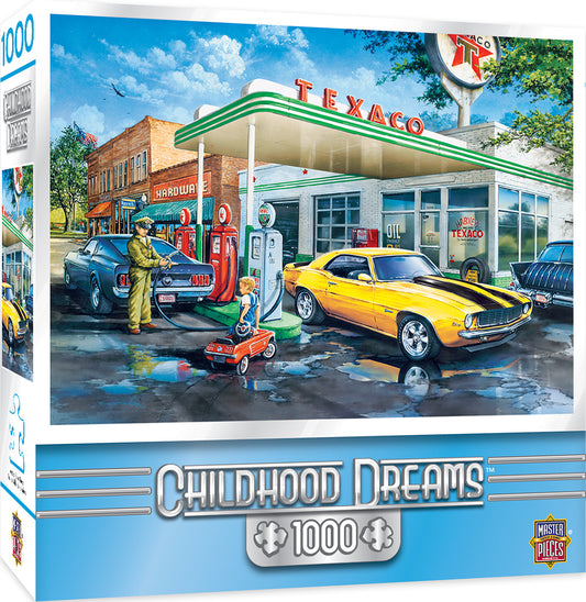 MasterPieces' 1000-piece puzzle of a man pumping gas in muscle cars as a little boy watches.