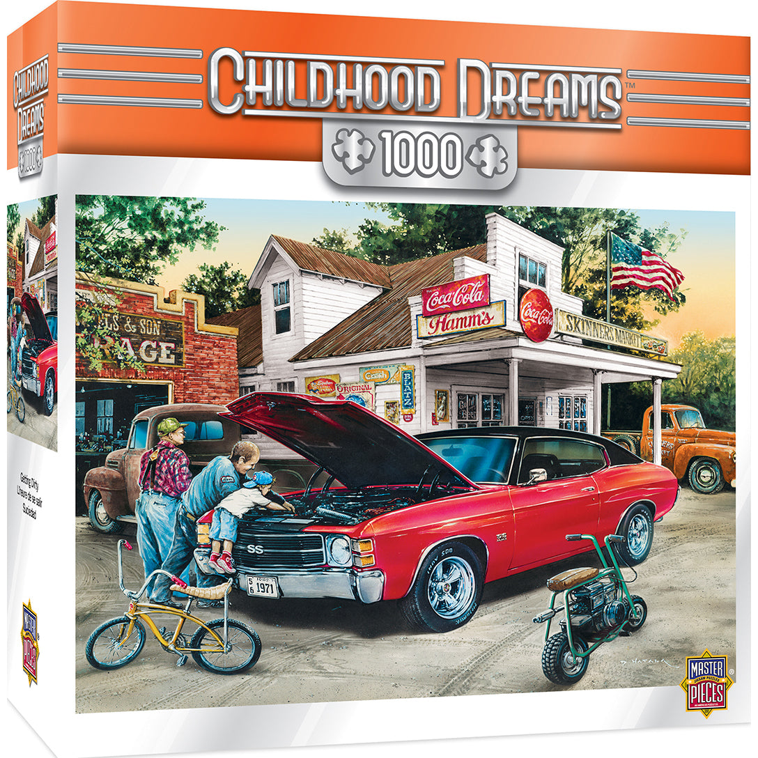 Childhood Dreams: Dad and son bonding over a car repair. 1000 piece jigsaw puzzle by Dan Hatala. 19.25"x26.75". Made by MasterPieces.
