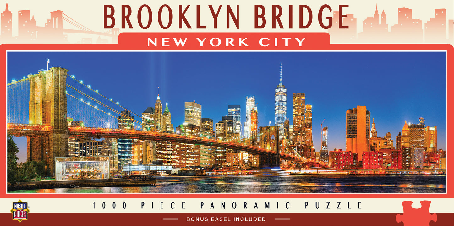 Panoramic puzzle showcasing the Brooklyn Bridge and NYC skyline. 1000 pieces, 13" x 39". Created by MasterPieces.