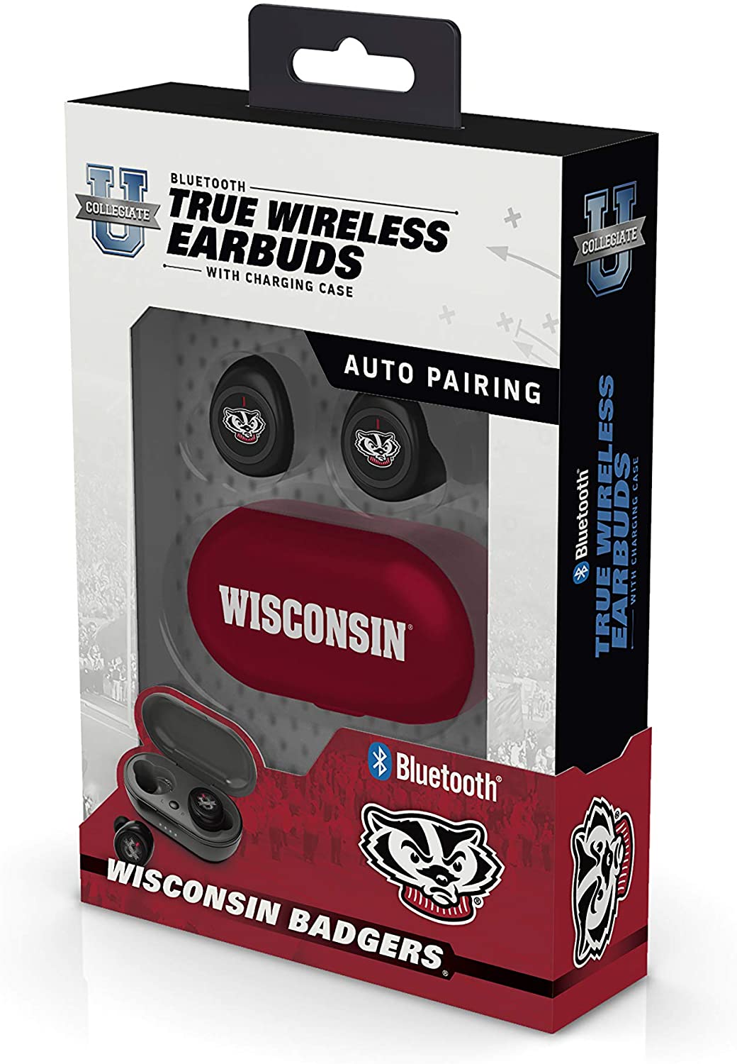 Wisconsin Badgers True Wireless Bluetooth Earbuds w/Charging Case by Prime Brands