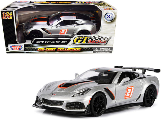 2019 Chevrolet Corvette ZR1 #2 Silver with Black and Orange Stripes "GT Racing" Series 1/24 Diecast Model Car by Motormax
