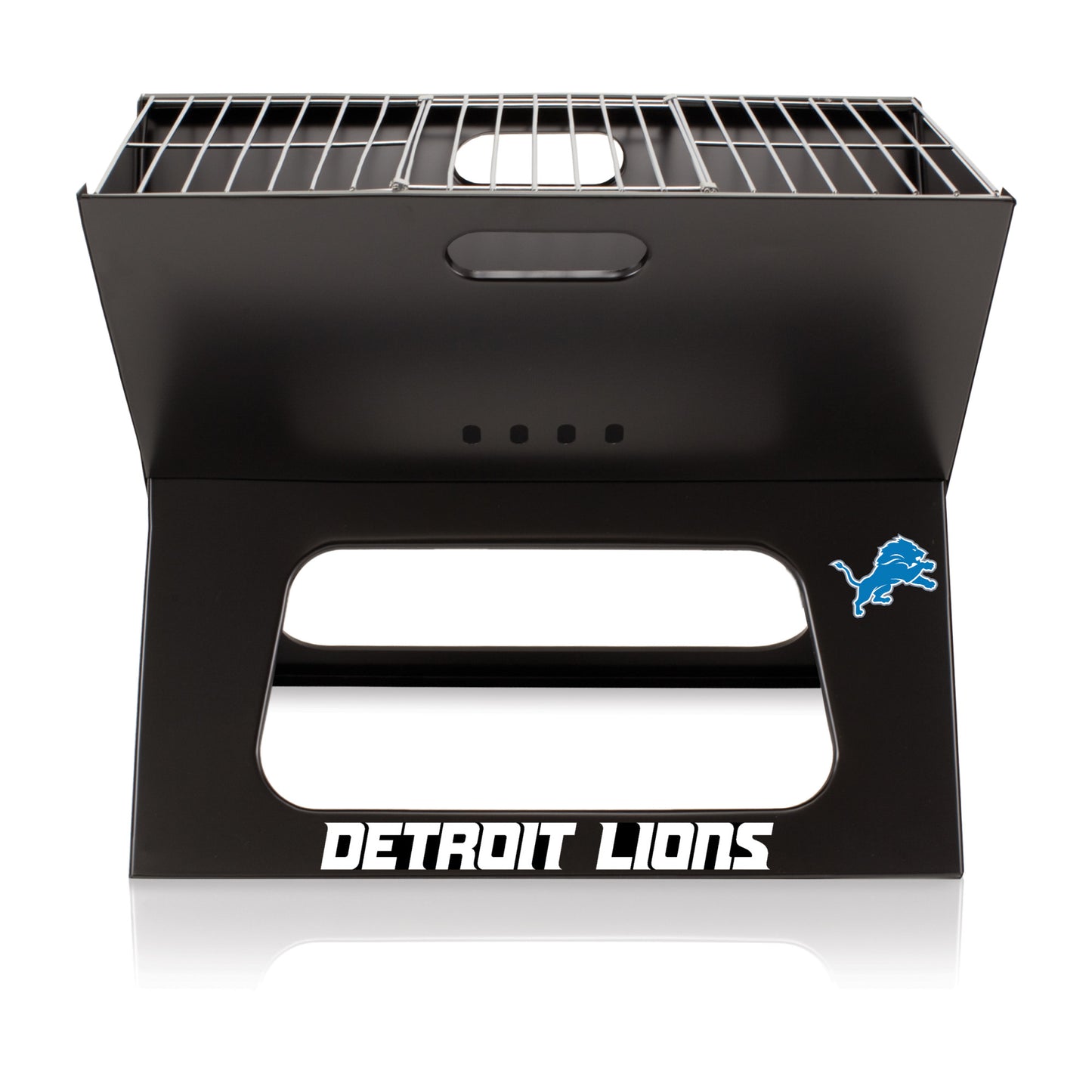 Portable charcoal BBQ grill in Detroit Lions design. Compact, easy assembly, with 203.5 sq. in. grilling surface. Includes tote. 