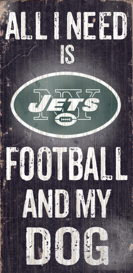 New York Jets "All I Need Is Football And My Dog" 6" x 12" Distressed Wood Sign by Fan Creations