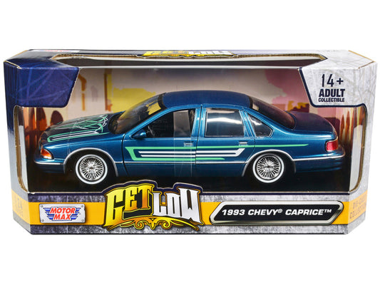 1993 Chevrolet Caprice Lowrider Blue Metallic with Graphics "Get Low" Series 1/24 Diecast Model Car by Motormax