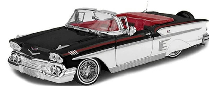 1958 Chevrolet Impala Convertible Lowrider Black and White with Red Interior "Get Low" Series 1/24 Diecast Model Car by Motormax